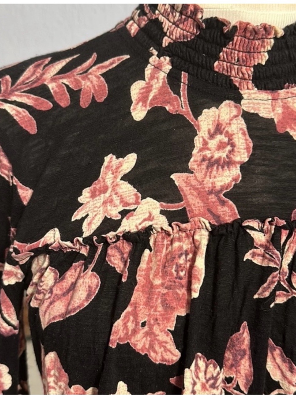 Lucky Brand Floral Smocked Neck Long Sleeve Top